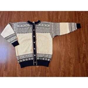 Vintage Dale Of Norway Women Wool Cardigan Sweater Large Navy Blue Fair Isle